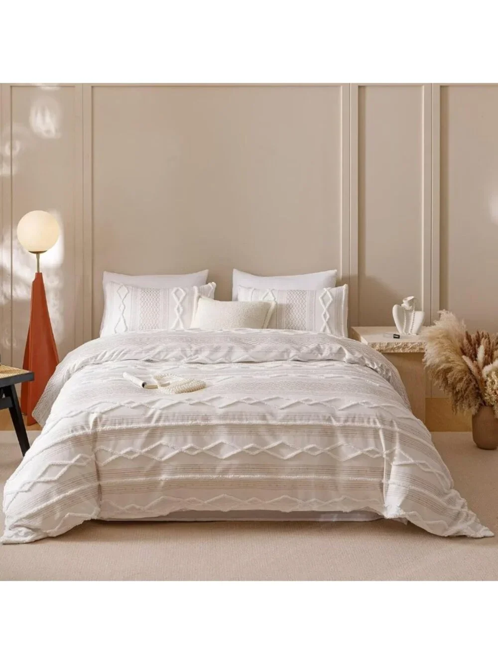 Queen White Boho Comforter Set - Soft Tufted Bedding, Rustic Chic 3PCS Quilt